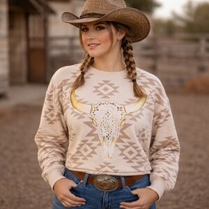 Ararat Cropped Western Aztec Skull Sweatshirt Boho Ranch Cowgirl SZ: S/M